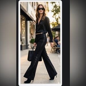 NWT Rachel Zoe Black Wool-Blend Tuxedo Stripe Wide Leg Flare Pants Size 0